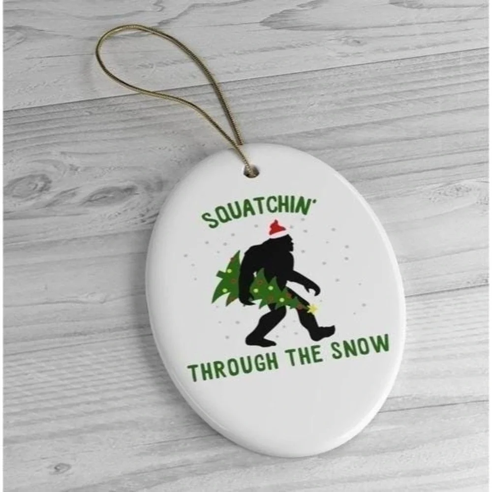 Sasquatch Bigfoot‎ Squatchin' Through the Snow Ceramic Christmas Ornament Funny